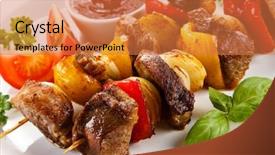  Presentation with mediterranean food - Presentation with mediterranean food - kebabs - grilled meat background and a coral colored foreground