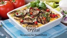  Presentation with mediterranean food - Presentation theme consisting of mediterranean food - moussaka dish with aubergine background and a light blue colored foreground