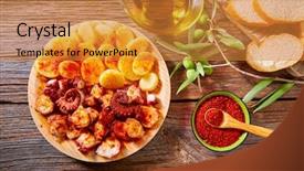  Presentation with mediterranean food - Beautiful slide deck featuring mediterranean food - tapas pulpo a feira backdrop and a gold colored foreground