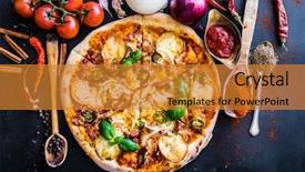  Presentation with mediterranean food - Slide set consisting of mediterranean food - tasty pizza on a black background and a gold colored foreground