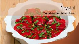  Presentation with mediterranean food - Colorful presentation theme enhanced with mediterranean food goat cheese kalamata olives chopped walnuts parsley green onions feta cheese garlic stuffed roasted peppers backdrop and a coral colored foreground