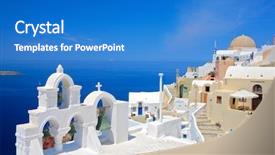  Presentation with church bells - Presentation theme having mediterranean sea - church bells on santorini island background and a teal colored foreground