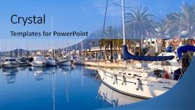  Presentation with sea port - Beautiful slides featuring mediterranean sea - denia marina port boats backdrop and a light blue colored foreground
