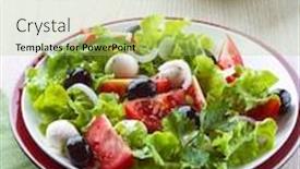  Presentation with healthy snack - PPT theme consisting of mediterranean-style salad with mozzarella balls juicy tomatoes black olives white onion chive lettuce and fresh parsley tasty snack summer salad concept for tasty and healthy meal background and a mint green colored foreground