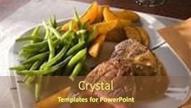  Presentation with wedges - Slides enhanced with medium rare fried beef fillet with pepper sauce potato wedges green beans peppercorns on table background and a tawny brown colored foreground