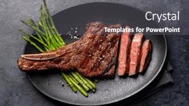  Presentation with asparagus - Theme with medium-rare-grilled-tomahawk-beef background and a gray colored foreground