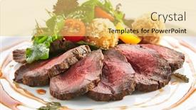  Presentation with veal - Slide set enhanced with medium rare roast beef with green mix and potato balls closeup macro shot of thick slices of juicy roasted veal or grilled steak on white plate with tomatoes spices green lettuce and brown sauce background and a yellow colored foreground