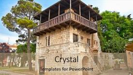  Presentation with house - Beautiful slide deck featuring medival - romanesque house xiii century backdrop and a coral colored foreground