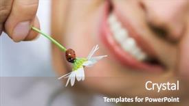  Presentation with dirt flower - Presentation theme consisting of meekness - close-up smiling woman holding flower background and a coral colored foreground