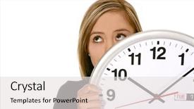  Presentation with clock - Theme having meekness - pretty business woman hiding behind background and a light gray colored foreground