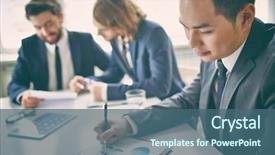  Presentation with room - Beautiful presentation design featuring meet ceo - portrait of a businessman backdrop and a ocean colored foreground