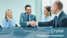  Presentation with shaking hands - Theme having meet greet - business technology partnership and people background and a ocean colored foreground