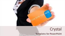  Presentation with business card - Slides having meet greet - isolated young business woman giving background and a lemonade colored foreground