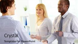  Presentation with leaders - PPT theme having meet greet - portrait of happy leaders handshaking background and a  colored foreground