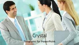  Presentation with successful women entrepreneurs - Presentation enhanced with meet greet - portrait of successful associates handshaking background and a  colored foreground