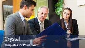  Presentation with work - Slide set enhanced with meeting - business people at work background and a navy blue colored foreground