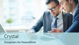  Presentation with meeting - Cool new slides with meeting - businessmen with computer backdrop and a sky blue colored foreground