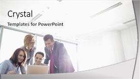  Presentation with conference table microphones - PPT theme with meeting - businesspeople using laptop at conference background and a white colored foreground