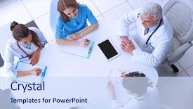  Presentation with team meeting - Amazing PPT theme having meeting - team of doctors at working backdrop and a sky blue colored foreground