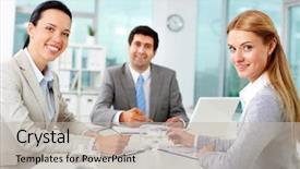  Presentation with cctv camera security system business - Colorful PPT theme enhanced with meeting - three business people looking camera backdrop and a mint green colored foreground