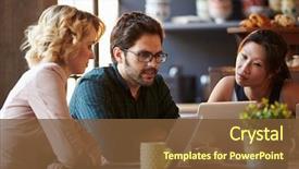  Presentation with cafe - Slide deck featuring meeting - three businesspeople working at laptop background and a tawny brown colored foreground