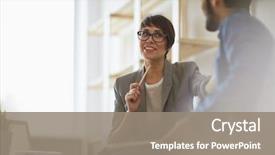  Presentation with haircut - Slide set with meeting - two cheerful colleagues smiling while background and a gray colored foreground