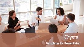  Presentation with staff meeting - Audience pleasing PPT layouts consisting of meeting around table in hospital backdrop and a coral colored foreground