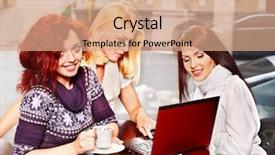  Presentation with women meeting - Beautiful PPT layouts featuring meeting bars - three young women at laptop backdrop and a  colored foreground