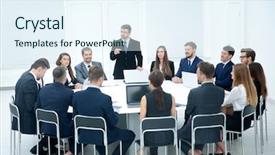  Presentation with round table - Cool new PPT theme with meeting brainstorm round table ideas backdrop and a sky blue colored foreground