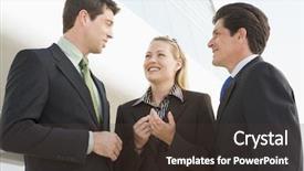  Presentation with team building sport - Presentation theme having meeting break - three businesspeople standing outdoors background and a  colored foreground