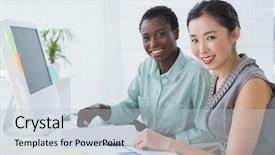  Presentation with working together - Colorful presentation theme enhanced with meeting briefing - businesswomen working together at desk backdrop and a lemonade colored foreground