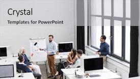  Presentation with new office - Theme with employee communication - group of professionals working background and a  colored foreground