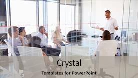  Presentation with meeting - Colorful presentation enhanced with meeting in a modern office backdrop and a light gray colored foreground