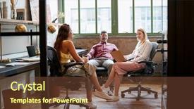  Presentation with team meeting - PPT theme having meeting in an office booth background and a tawny brown colored foreground