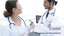  Presentation with meeting - Slide deck enhanced with meeting in hospital reception area background and a sky blue colored foreground