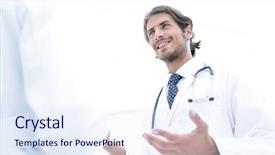  Presentation with meeting - Presentation design featuring meeting in hospital reception area background and a sky blue colored foreground