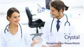  Presentation with meeting a doctor - Slide set consisting of meeting in hospital reception area background and a  colored foreground