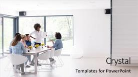  Presentation with team meeting - Audience pleasing PPT theme consisting of meeting in modern bright office backdrop and a light gray colored foreground