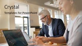  Presentation with sales - Colorful theme enhanced with meeting in modern open plan backdrop and a coral colored foreground