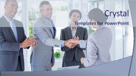  Presentation with shaking hands - Amazing presentation theme having meeting introduction - interview panel shaking hands backdrop and a sky blue colored foreground