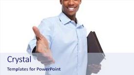  Presentation with handshake - Cool new presentation theme with meeting invitation - african-american businessman handshake isolated white backdrop and a sky blue colored foreground