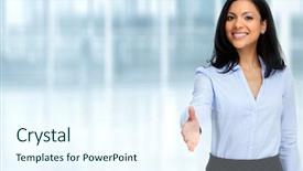  Presentation with handshake - Presentation having meeting invitation - asian business woman with handshake background and a cool aqua colored foreground