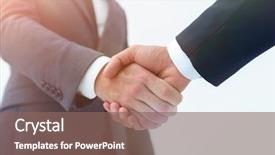  Presentation with blue puzzle handshake - Beautiful slides featuring meeting invitation - businessman by handshake invites backdrop and a violet colored foreground