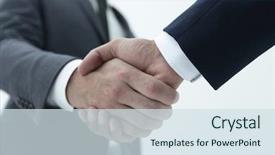  Presentation with peace treaty handshake map - Colorful slide deck enhanced with meeting invitation - businessman by handshake invites backdrop and a sky blue colored foreground