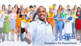  Presentation with global team workers - Theme with meeting invitation - businessmen and professional workers group background and a light blue colored foreground