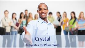  Presentation with knitting african american - Beautiful PPT layouts featuring meeting invitation - handshake african-american businessman and group backdrop and a sky blue colored foreground