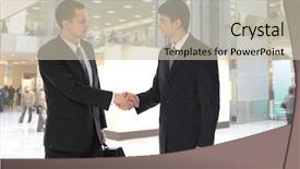  Presentation with collage - Cool new presentation theme with meeting invitation - two young businessmen greet backdrop and a soft green colored foreground