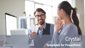  Presentation with theatre - Cool new presentation theme with meeting invitation - young businessman inviting his colleague backdrop and a gray colored foreground