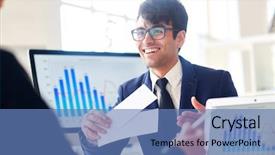  Presentation with coupons - Cool new theme with meeting invitation - young businessman offering colleague tickets backdrop and a teal colored foreground