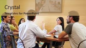  Presentation with meeting table - Presentation theme enhanced with meeting looking at screen background and a coral colored foreground